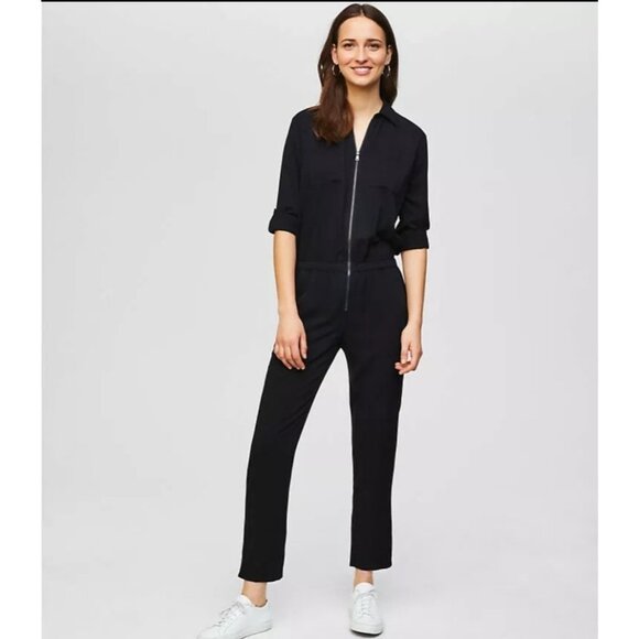 LOFT Utility Jumpsuit Women's Size Small Front Zip Black 100% Rayon Ankle NEW‎ - Picture 2 of 15